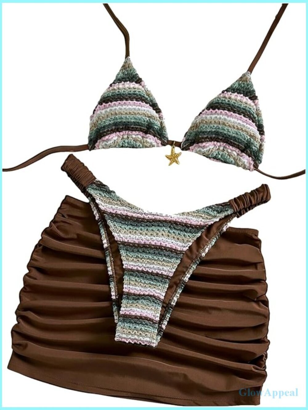 3 Piece Knit Striped Triangle High Cut Bikini Set with Cover Up Skirt